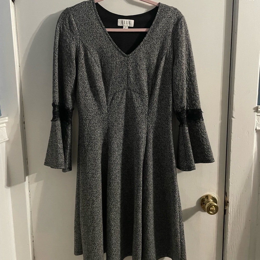Elle Elegant 3/4 Length Bell Sleeve Dress with Black Detail in medium